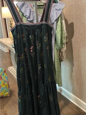 Mi Golondrina Dark Green Embroidered Floral Maxi Dress